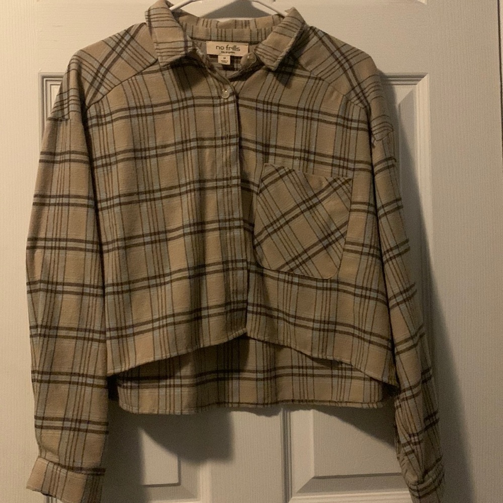 brown,tan plaid flannel cropped size M